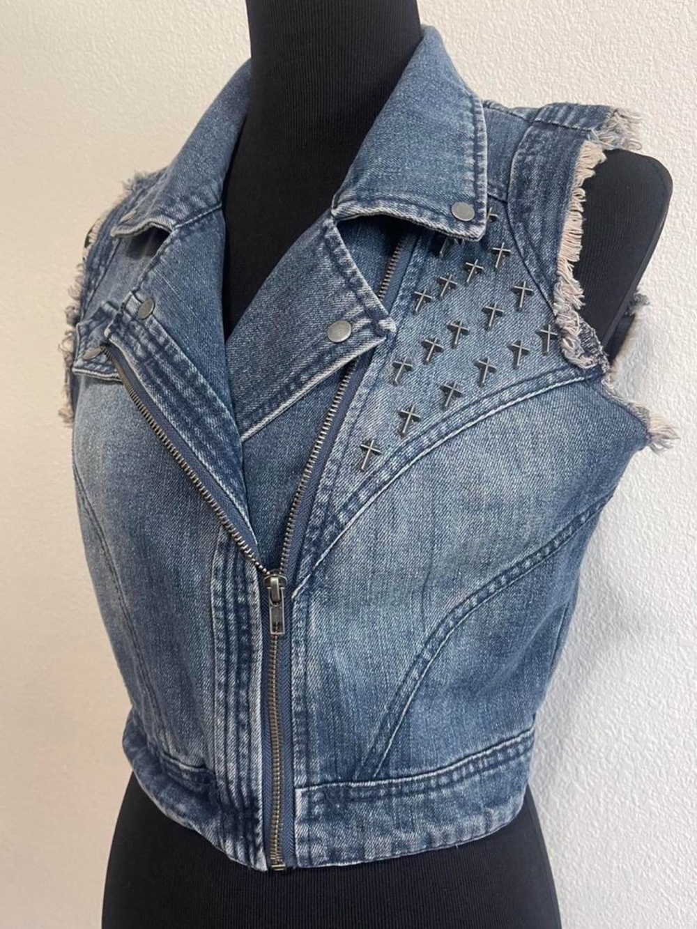 Highway Jeans Distressed Blue Denim Studded Vest